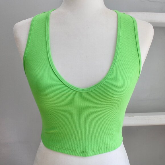 Zara Tops - Zara Bright Neon Green Deep V-Neck Racerback Cropped Tank Top Size Small NWT
